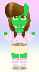 Size: 1336x2416 | Tagged: safe, artist:dyonys, derpibooru import, oc, oc:lucky brush, unofficial characters only, anthro, earth pony, :3, absolute territory, accessories, belt, bow, braid, braided pigtails, chibi, choker, clothes, cute, ear piercing, earring, female, freckles, jewelry, looking at you, mare, miniskirt, necklace, piercing, pigtails, ring, shoes, skirt, socks, solo, striped socks, sweater, zettai ryouiki