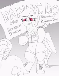 Size: 3200x4096 | Tagged: suggestive, artist:pabbley, derpibooru import, daring do, rainbow dash, pegasus, pony, bdsm, belly button, bipedal, book cover, butt, clothes, cover, daringdash, daringdom, dashsub, ear fluff, eyes on the prize, female, femdom, femsub, holding, imminent spanking, lesbian, lidded eyes, mare, monochrome, neo noir, offscreen character, partial color, plot, rainbutt dash, riding crop, shipping, shirt, smiling, solo focus, submissive, tail wrap