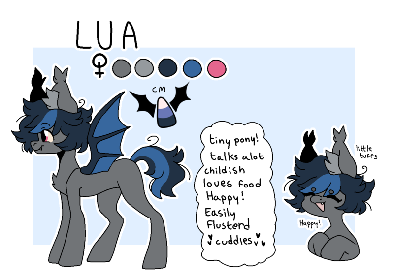 Size: 1406x1000 | Tagged: safe, artist:rymdsten, derpibooru import, oc, oc:lua, unofficial characters only, bat pony, pony, cute, cutie mark, female, fluffy, happy, mare, reference sheet, simple background, solo, text, transparent background