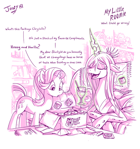 Size: 2062x2205 | Tagged: safe, artist:jowybean, derpibooru import, queen chrysalis, starlight glimmer, changeling, changeling queen, pony, unicorn, series:my little roomie, changeling feeding, dialogue, digital art, eyes closed, female, mare, smiling, sweet hearts emporium