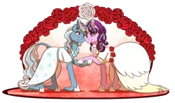 Size: 2200x1296 | Tagged: safe, artist:inuhoshi-to-darkpen, derpibooru import, starlight glimmer, trixie, pony, unicorn, clothes, dress, female, horn, horn ring, horns are touching, jewelry, leonine tail, lesbian, mare, marriage, ring, shipping, simple background, smiling, startrix, transparent background, unshorn fetlocks, wedding, wedding dress, wedding ring