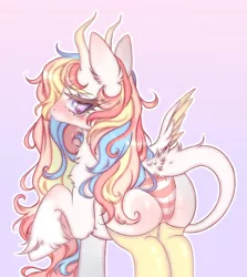 Size: 1142x1280 | Tagged: suggestive, alternate version, artist:sadpeachy, derpibooru import, oc, oc:rainbow dreams, pegasus, pony, butt fluff, chest fluff, clothes, ear fluff, female, heart eyes, horn, leonine tail, mare, missing cutie mark, one hoof raised, panties, pink background, pink underwear, simple background, socks, striped underwear, two toned wings, underwear, unshorn fetlocks, wingding eyes, wings