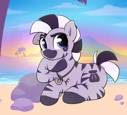 Size: 3000x2724 | Tagged: artist:moozua, beach, derpibooru import, jewelry, male, necklace, oc, ocean, oc:kona, palm tree, rock, safe, solo, tree, unofficial characters only, zebra, zebra oc