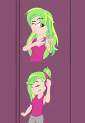 Size: 1020x1464 | Tagged: safe, artist:jpgr, derpibooru import, lemon zest, human, equestria girls, abstract background, alternate hairstyle, clothes, eyes closed, female, headphones, one eye closed, scissors, wink