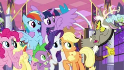 Size: 1920x1080 | Tagged: safe, derpibooru import, screencap, applejack, discord, fluttershy, pinkie pie, rainbow dash, rarity, spike, twilight sparkle, twilight sparkle (alicorn), alicorn, draconequus, dragon, pegasus, unicorn, the summer sun setback, applejack's hat, arm around neck, baby, baby dragon, canterlot castle, cowboy hat, discord is not amused, female, flying, folded wings, freckles, frown, hair flip, hat, male, mane seven, mane six, mare, multicolored mane, pointing at self, raised eyebrow, raised hoof, smiling, snaggletooth, stetson, talons, tied tail, unamused, wall of tags, winged spike, wings