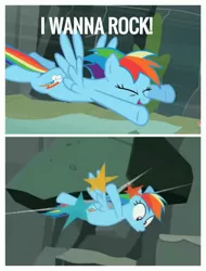 Size: 2522x3326 | Tagged: be careful what you wish for, derpibooru import, edit, edited screencap, may the best pet win, ouch, pun, rainbow dash, rock, safe, screencap, song reference, twisted sister
