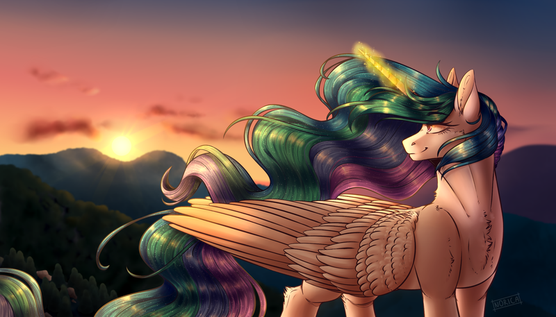 Size: 2800x1600 | Tagged: safe, artist:norica-official, derpibooru import, princess celestia, alicorn, pony, cheek fluff, chest fluff, cloud, ear fluff, female, leg fluff, magic, mare, profile, raising the sun, sky, solo, sun, sunrise, telekinesis