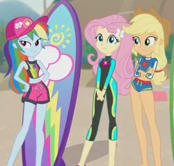 Size: 719x686 | Tagged: safe, derpibooru import, applejack, fluttershy, rainbow dash, blue crushed, equestria girls, equestria girls series, belly button, clothes, hips, legs, surfboard, swimsuit, wetsuit