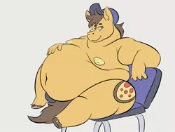 Size: 1600x1200 | Tagged: anthro, artist:khatoblepas, bedroom eyes, belly, bhm, big belly, bingo wings, chair, derpibooru import, fat, gray background, hat, male, moobs, morbidly obese, obese, oc, oc:pizza express, simple background, solo, suggestive, unguligrade anthro, unofficial characters only