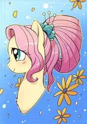 Size: 602x857 | Tagged: artist:yukandasama, blue background, blushing, bust, chest fluff, cute, derpibooru import, ear fluff, flower, fluttershy, older, older fluttershy, portrait, profile, safe, shyabetes, simple background, solo, the last problem