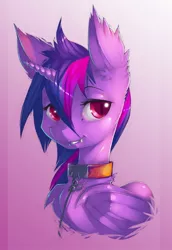 Size: 881x1280 | Tagged: safe, alternate version, artist:xennos, derpibooru import, oc, oc:violet rose ze vampony, unofficial characters only, alicorn, bat pony, bat pony alicorn, pony, bat pony oc, bat wings, bust, collar, fangs, female, femsub, gradient background, horn, leash, looking at you, mare, pet play, smiling, solo, submissive, wings