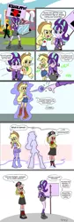 Size: 1058x3134 | Tagged: safe, artist:cyanoray, derpibooru import, applejack, starlight glimmer, equestria girls, the cutie map, cheek pinch, clothes, communism, cyrillic, equal sign, equestria girls-ified, image, implied helicopter ride, personality swap, png, russian, s5 starlight, sign, stalin glimmer, transformation, transforming clothes, uniform