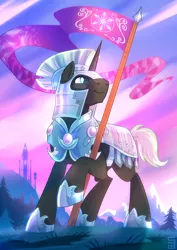 Size: 1200x1697 | Tagged: safe, artist:seanica, derpibooru import, oc, oc:valorheart, unofficial characters only, pony, unicorn, armor, crystal armor, crystal guard, crystal guard armor, flag, solo