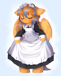 Size: 2338x2887 | Tagged: apron, artist:adostume, blushing, clothes, commission, crossdressing, curtsey, cute, derpibooru import, dress, eyes closed, maid, maid headdress, male, oc, oc:cold front, pegasus, pegasus oc, safe, semi-anthro, solo, standing, watermark, wings, ych result