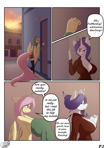 Size: 2121x3000 | Tagged: questionable, artist:silverfox057, derpibooru import, fluttershy, rarity, anthro, bat pony, comic:fluttershy's show, bedroom eyes, big breasts, breasts, busty fluttershy, busty rarity, cleavage, clothed female nude female, clothes, comic, female, flutterbat, high res, image, lidded eyes, looking back, looking over shoulder, nudity, partial nudity, png, race swap, topless, undressing