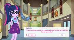 Size: 2000x1080 | Tagged: safe, artist:invisibleink, derpibooru import, sci-twi, twilight sparkle, equestria girls, canterlot high, clothes, commission, dating game, dating sim, dialogue box, glasses, lockers, misspelling, ponytail, rpg, show accurate, skirt, video game