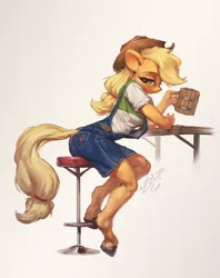 Size: 950x1200 | Tagged: safe, artist:assasinmonkey, derpibooru import, applejack, anthro, earth pony, unguligrade anthro, barstool, blushing, cider, clothes, cowboy hat, drunk, drunk aj, female, hat, leaning forward, mare, mug, overalls, realistic, simple background, sitting, solo, stool