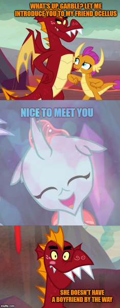 Size: 500x1274 | Tagged: blushing, changedling, changeling, comic, crack shipping, cropped, cute, cuteling, derpibooru import, diaocelles, dragon, dragoness, edit, edited screencap, eyes closed, female, garble, happy, male, matchmaker, meme, ocellus, open mouth, safe, screencap, screencap comic, shipper on deck, shipping, smiling, smolder, sweet and smoky, teenaged dragon, uprooted