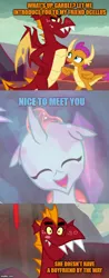 Size: 500x1274 | Tagged: blushing, changedling, changeling, comic, crack shipping, cropped, cute, cuteling, derpibooru import, diaocelles, dragon, dragoness, edit, edited screencap, eyes closed, female, garble, happy, male, matchmaker, meme, ocellus, open mouth, safe, screencap, screencap comic, shipper on deck, shipping, smiling, smolder, sweet and smoky, teenaged dragon, uprooted