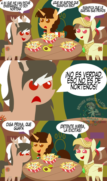 Size: 1280x2160 | Tagged: safe, artist:archooves, derpibooru import, oc, oc:sonorita, oc:tailcoatl, ponified, pegasus, pony, unicorn, aztec, chips, dialogue, food, hat, helmet, meme, mexican, nachos, nation ponies, pointy ponies, spanish