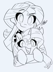 Size: 605x831 | Tagged: safe, artist:light262, derpibooru import, sunset shimmer, pony, unicorn, equestria girls, clothes, commission, cute, daaaaaaaaaaaw, duo, duo female, eyebrows, eyebrows visible through hair, female, grin, holding a pony, human ponidox, monochrome, open mouth, self ponidox, shimmerbetes, simple background, sketch, smiling, smiling at you, smirk, white background