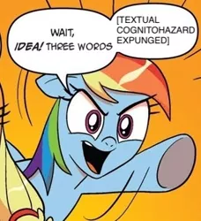 Size: 334x366 | Tagged: applejack, cognitohazard, comic, derpibooru import, edit, exploitable meme, expunged, idw, meme, rainbow dash, safe, scp, scp foundation, three words meme