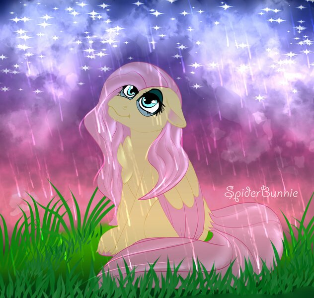 Size: 4096x3889 | Tagged: safe, artist:spider_bunnie, artist:taurson, derpibooru import, fluttershy, pegasus, pony, disney style, female, grass, mare, nebula, night, raffle prizewinner, rain, sitting, smiling, solo, wet, wet mane