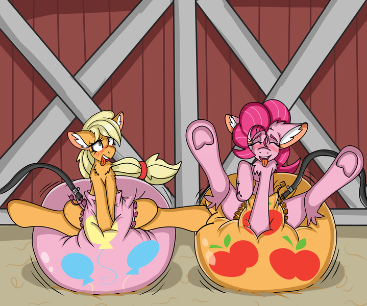 Size: 5000x4174 | Tagged: questionable, artist:cuddlelamb, derpibooru import, applejack, pinkie pie, earth pony, pony, absurd resolution, ahegao, air nozzle, barn, blushing, chest fluff, cutie mark diapers, diaper, diaper fetish, diaper inflation, duo, duo female, ear fluff, eyes closed, female, females only, fetish, horny, hose, implied applepie, implied lesbian, implied shipping, impossibly large diaper, inflatable diaper, leg fluff, open mouth, poofy diaper, rocking, sitting, spread legs, spreading, tongue out, underhoof