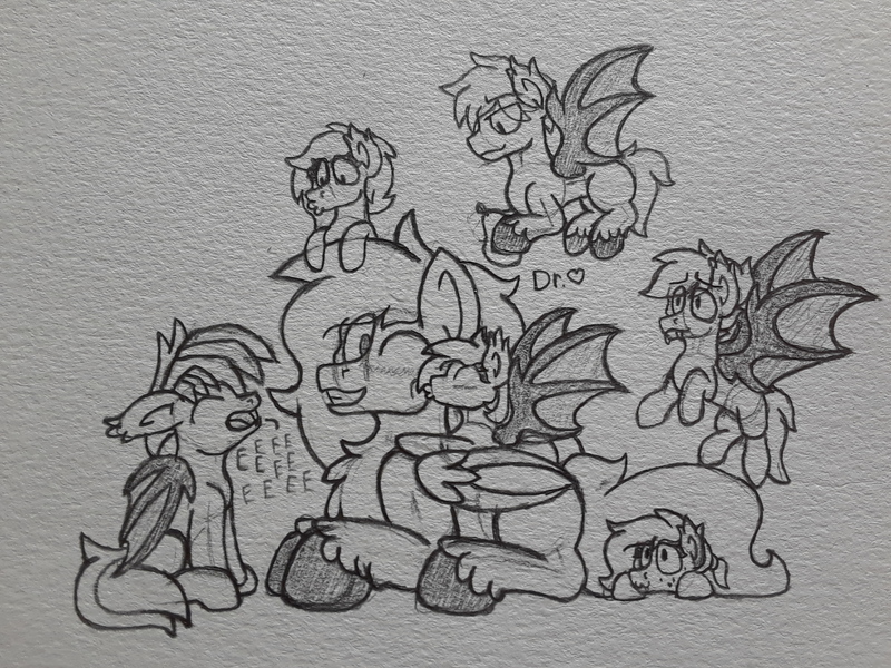 Size: 2576x1932 | Tagged: safe, artist:drheartdoodles, derpibooru import, oc, oc:bramble, oc:coffee, oc:crumble, oc:dr.heart, oc:quantum melody, unofficial characters only, bat pony, clydesdale, blushing, eeee, group photo, kissing, kiss on the cheek, size difference, traditional art