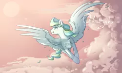 Size: 810x485 | Tagged: safe, artist:ochideyiku, derpibooru import, vapor trail, pegasus, pony, chest fluff, cloud, female, flying, lens flare, mare, sky, smiling, solo