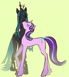 Size: 1779x1987 | Tagged: safe, artist:cinnabad, derpibooru import, queen chrysalis, starlight glimmer, changeling, changeling queen, pony, unicorn, eyes closed, female, glimmerlis, kissing, lesbian, shipping