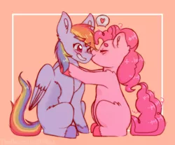 Size: 1000x828 | Tagged: safe, artist:thedefinitionofsad, derpibooru import, pinkie pie, rainbow dash, earth pony, pegasus, pony, blushing, duo, female, folded wings, hooves, kissing, lesbian, mare, pinkiedash, shipping, simple background, sitting, wings