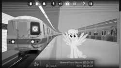 Size: 2560x1440 | Tagged: safe, artist:bluemeganium, artist:topsangtheman, derpibooru import, merry may, pegasus, pony, black and white, female, grayscale, hooves, looking at you, mare, metro, monochrome, new york city, new york city subway, sitting, smiling, solo, spread wings, train, train station, wings