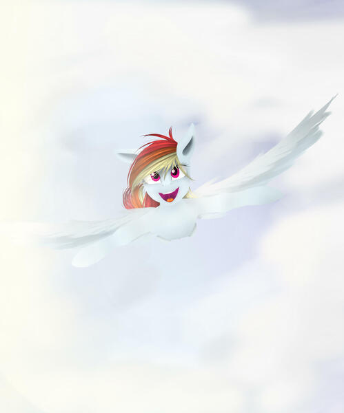 Size: 1995x2400 | Tagged: safe, artist:colourboom, derpibooru import, rainbow dash, pegasus, pony, cloud, female, flying, happy, mare, sky, smiling, solo, spread hooves, spread wings, wings