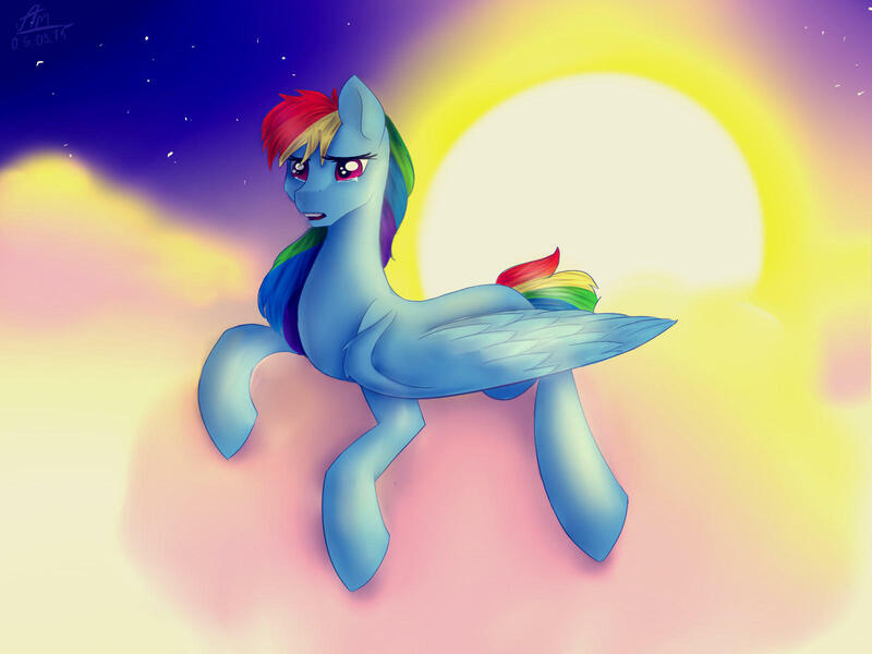 Size: 1600x1200 | Tagged: safe, artist:colourboom, derpibooru import, rainbow dash, pegasus, pony, cloud, crying, female, folded wings, lying, mare, night, night sky, on a cloud, sad, sky, solo, stars, sun, wings