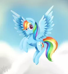 Size: 747x811 | Tagged: safe, artist:flashbrush, deleted from derpibooru, derpibooru import, rainbow dash, pegasus, pony, backwards cutie mark, cloud, female, flying, looking at you, mare, sky, solo, spread wings, wings
