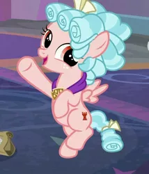 Size: 612x715 | Tagged: safe, derpibooru import, screencap, cozy glow, pegasus, pony, school raze, bag, cozybetes, cropped, cute, daaaaaaaaaaaw, female, filly, flying, freckles, open mouth, pure concentrated unfiltered evil of the utmost potency, pure unfiltered evil, raised hoof, raised leg, smiling, solo, spread wings, underhoof, weapons-grade cute, wings
