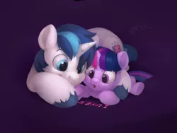 Size: 4000x3000 | Tagged: safe, artist:drtuo4, derpibooru import, shining armor, twilight sparkle, pony, unicorn, bbbff, brother and sister, cute, duo, female, filly, filly twilight sparkle, high res, i love you, male, open mouth, prone, purple background, shining adorable, siblings, signature, simple background, sparkle siblings, stallion, twiabetes, unicorn twilight, weapons-grade cute, younger
