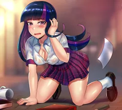 Size: 1024x922 | Tagged: anime, artist:tzc, book, breasts, busty twilight sparkle, cleavage, clothes, cup, derpibooru import, female, human, humanized, open mouth, schoolgirl, shoes, socks, solo, solo female, suggestive, twilight sparkle, wet clothes, wet shirt