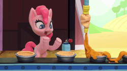 Size: 800x450 | Tagged: safe, derpibooru import, screencap, pinkie pie, earth pony, pony, my little pony: pony life, my little pony: stop motion short, pie assembly line (short), animated, assembly line, barn, cheek bulge, conveyor belt, desperate, food, full mouth, gif, mistakes were made, mouth hold, out of context, pie, pie filling, solo, stop motion