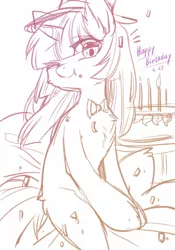 Size: 894x1280 | Tagged: safe, artist:swaybat, derpibooru import, oc, unofficial characters only, pony, unicorn, birthday cake, bowtie, cake, candle, food, monochrome, solo