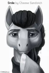 Size: 1024x1521 | Tagged: safe, artist:wwredgrave, derpibooru import, cheese sandwich, earth pony, pony, the last laugh, apple (company), bust, grayscale, looking at you, male, monochrome, parody, portrait, simple background, solo, stallion, steve jobs, white background