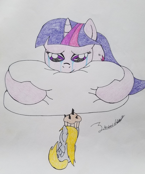 Size: 2683x3226 | Tagged: safe, artist:andrew.a., derpibooru import, derpy hooves, twilight sparkle, pegasus, pony, unicorn, crying, cupcake, food, sad smile, tears of joy, traditional art