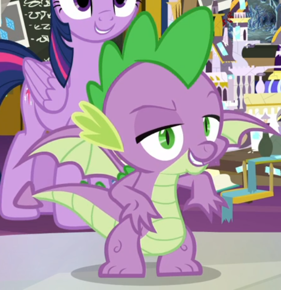 Size: 579x598 | Tagged: safe, derpibooru import, screencap, spike, twilight sparkle, alicorn, dragon, sparkle's seven, bedroom eyes, cropped, faic, smiling, solo focus, spread wings, twilight sparkle (alicorn), winged spike, wings