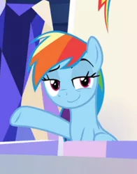 Size: 372x474 | Tagged: cropped, derpibooru import, faic, lidded eyes, rainbow dash, raised eyebrow, safe, screencap, sitting, smiling, smirk, smug, smugdash, solo, sparkle's seven