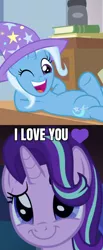 Size: 592x1440 | Tagged: safe, derpibooru import, edit, edited screencap, screencap, starlight glimmer, trixie, a horse shoe-in, uncommon bond, caption, cropped, female, image macro, lesbian, meme, shipping, shipping domino, startrix, text