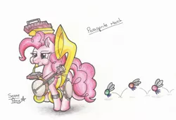 Size: 2433x1661 | Tagged: safe, artist:serenepony, deleted from derpibooru, derpibooru import, pinkie pie, earth pony, parasprite, pony, swarm of the century, accordion, banjo, bouncing, cymbals, female, harmonica, looking forward, mare, musical instrument, one-pony band, simple background, solo, sousaphone, tambourine, traditional art