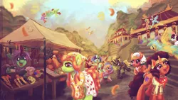 Size: 2000x1125 | Tagged: safe, artist:amura-of-jupiter, derpibooru import, gilda, powder, saffron masala, scootaloo, somnambula, sunshower raindrops, tree hugger, oc, earth pony, gryphon, kirin, pegasus, pony, unicorn, album cover, bandana, bribing, building, canopy, churchkhela, clothes, color powder, confetti, cutie mark, dancing, depth of field, dress, ear piercing, earring, feather, female, fence, festival, filly, flying, food, generic pony, image, jewelry, lots of characters, male, market, marketplace, mountain, necklace, outdoors, pagoda, piercing, png, pointing, romani, scenery, scootaloo can fly, shirt, signature, skirt, sky, smiling, stairs, wallpaper