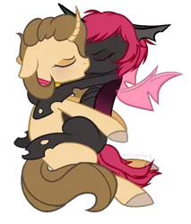 Size: 737x865 | Tagged: safe, artist:unichan, derpibooru import, oc, oc:coffee bean, unofficial characters only, changeling, unicorn, female, hug, kissing, lesbian, pink changeling, simple background, transparent background, wings
