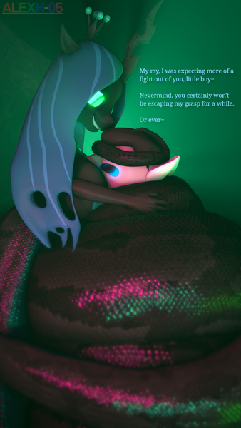 Size: 1080x1920 | Tagged: 3d, anthro, artist:alexh-05, bondage, breasts, coils, derpibooru import, dialogue, female, femdom, hybrid, hypnosis, lamia, male, mare, mind control, nudity, oc, original species, queen chrysalis, questionable, scales, snake, source filmmaker, squeeze, stallion, tail